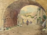 a watercolor painting of a street with people walking under an arch