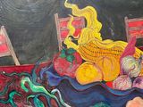 painting of a woman sitting on a table with a lot of food