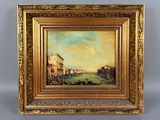 un tableau représentant une vue de ville avec des bâtiments et une rivière