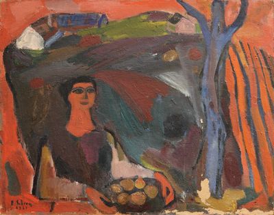 une peinture à l'huile représentant une femme tenant un panier de fruits devant un arbre