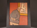 a picture of a man standing in front of a painting