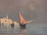 a painting of a sailboat in the water near a castle
