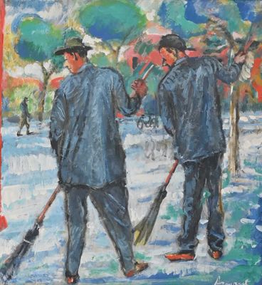 painting of two men with umbrellas in the rain on a city street
