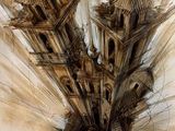 a drawing of a building with a clock on it