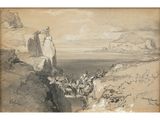 an image of a drawing of a man standing on a cliff overlooking a body of water
