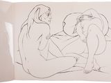 two drawings of a woman and a man sitting on a bed