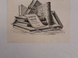 a drawing of a pile of books on a table