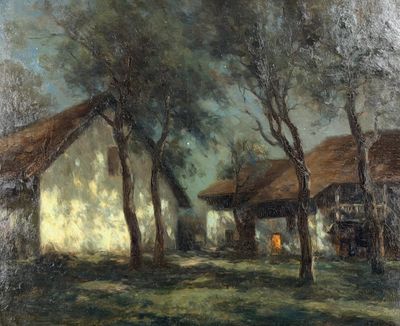 an image of a painting of a house and trees in a field