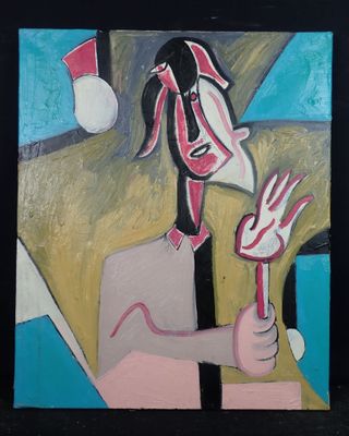 tableau représentant un homme tenant un couteau dans la main droite et une femme portant un chapeau sur la tête