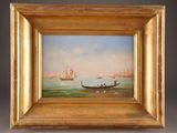 a painting of a boat in a body of water with other boats in the background