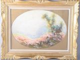 painting of a landscape in a gold frame on a gray wall