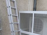 deux échelles appuyées contre un mur, à côté d'une fenêtre