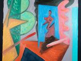 un tableau représentant une femme sortant par une porte
