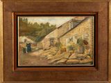 une peinture à l'huile représentant une femme debout devant une maison