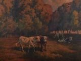 a painting of cows in a field with trees in the background