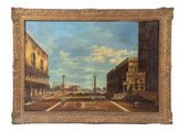 tableau représentant une rue de la ville avec une tour horloge au loin
