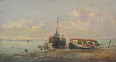 a painting of a boat on the beach by the water