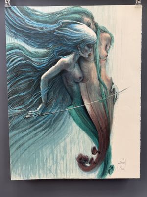tableau représentant une sirène aux longs cheveux et à la queue de poisson