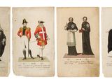 trois gravures d'époque représentant des hommes et des femmes vêtus de costumes médiévaux