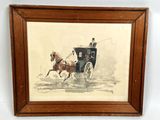 tableau représentant une calèche tirée par des chevaux, avec un homme assis à l'arrière