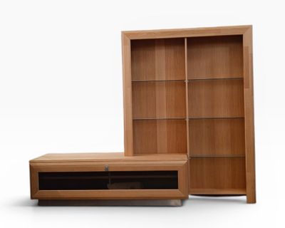 an image of a wooden entertainment center with a tv on top of it