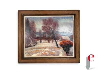 peinture à l'huile encadrée représentant un paysage hivernal avec des arbres dans un champ