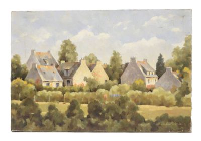 painting of a landscape with houses and trees in the foreground