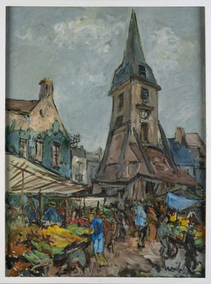 une peinture à l'huile représentant une scène de marché avec le clocher d'une église en arrière-plan