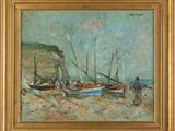 an oil painting of boats on a beach with a man standing next to them