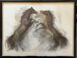 painting of two horses fighting with each other in front of a wall