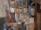 peinture abstraite représentant un groupe de personnes portant des chapeaux et des cravates