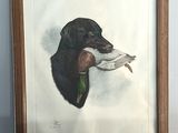 painting of a dog holding a duck in its mouth in front of a blue wall