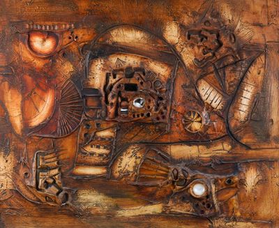 abstract painting of a clock with gears and gears on a wooden surface