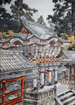 a picture of a painting of a building in the woods