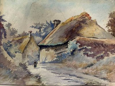 une aquarelle représentant un village avec un toit de chaume