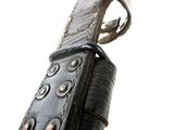 a black leather bag with a metal buckle on it