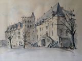 a watercolor painting of a castle with a clock tower