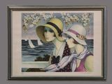 painting of two women in hats sitting on a bench by the water