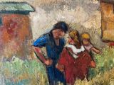 a painting of a woman and two children in a field