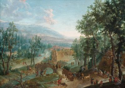 tableau représentant un paysage avec un château au loin et des personnes à cheval