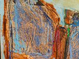 an image of a painting of a blue chair with a red seat