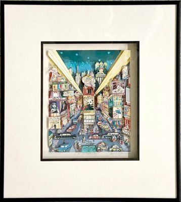 painting of a city street with cars and buildings in a black frame