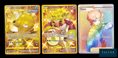 Trois cartes Pokémon différentes sont représentées les unes à côté des autres sur un fond noir.