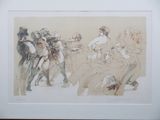drawing of a group of nudes in a line with a man on a horse