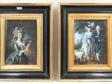 two framed paintings of a woman with a dog and a man with a dog