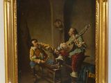 un vieux tableau représentant deux hommes jouant d'un instrument dans une pièce
