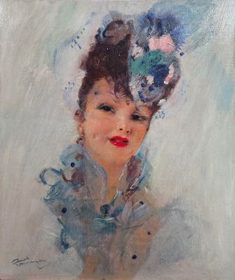 une peinture à l'huile représentant une femme en robe bleue avec une fleur dans les cheveux