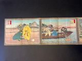 three paintings of people in a boat on a body of water