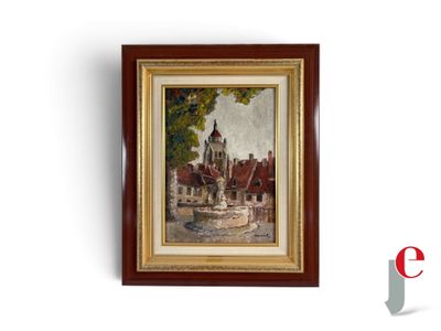 une peinture à l'huile représentant une église avec une fontaine devant