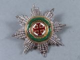 an image of a green and gold broochle with a cross on it